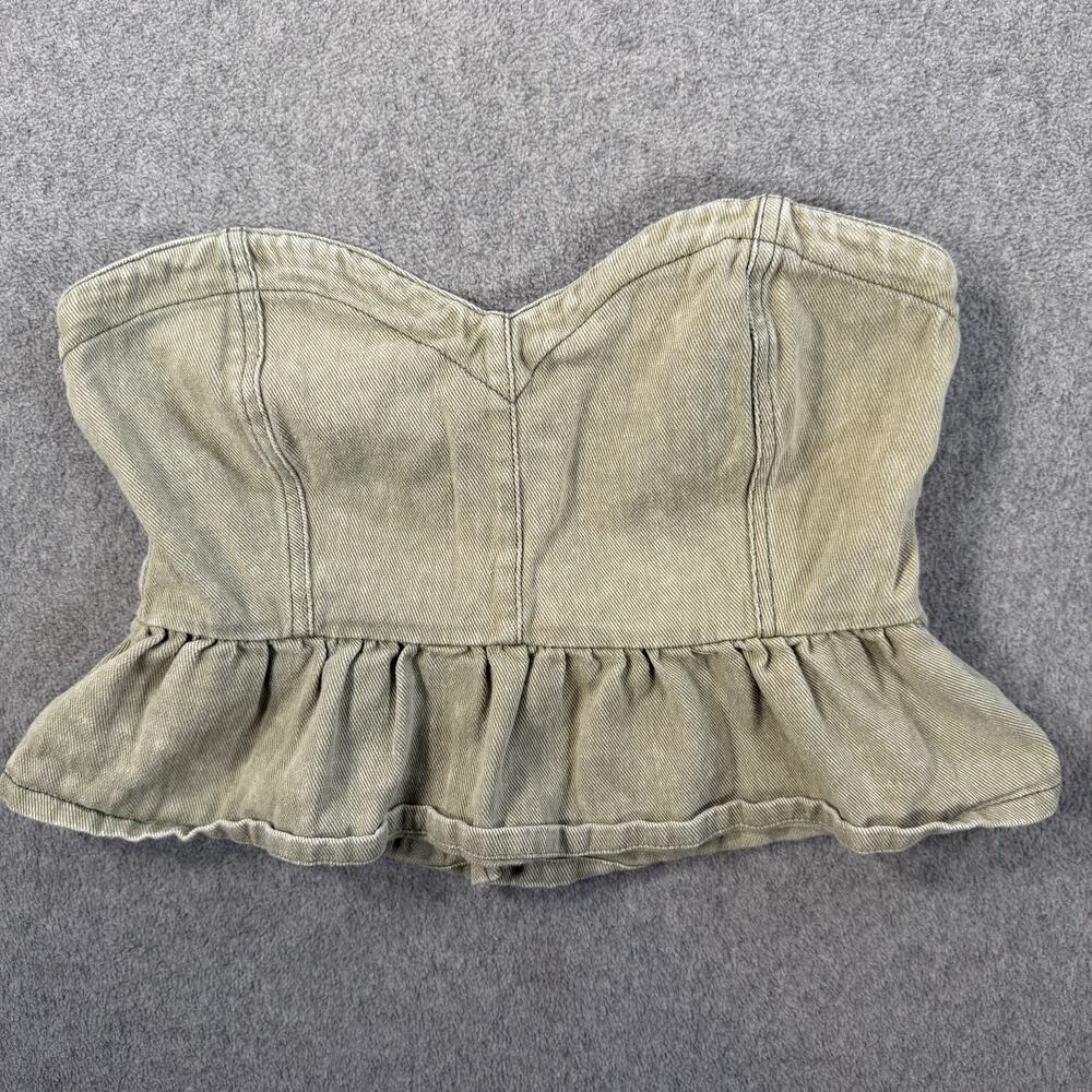 Pants Store Size Small Strapless Peplum Denim Crop Top Green Ruffle Sweetheart